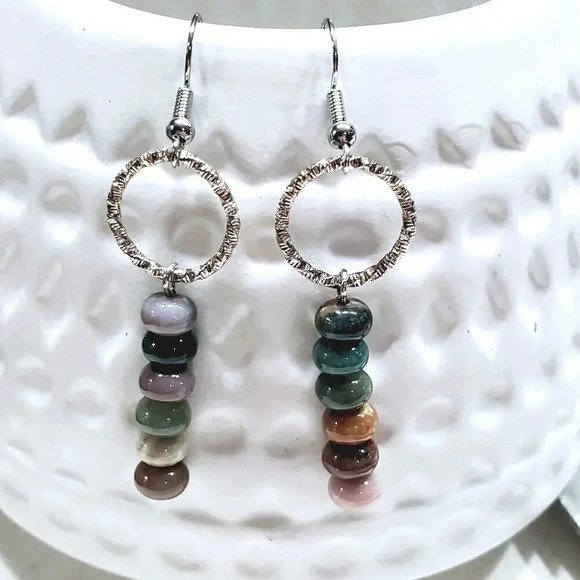 Indian Agate Gemstone Rondelle Beads Textured Silver Ring Handcrafted Earrings - Picture 1 of 11